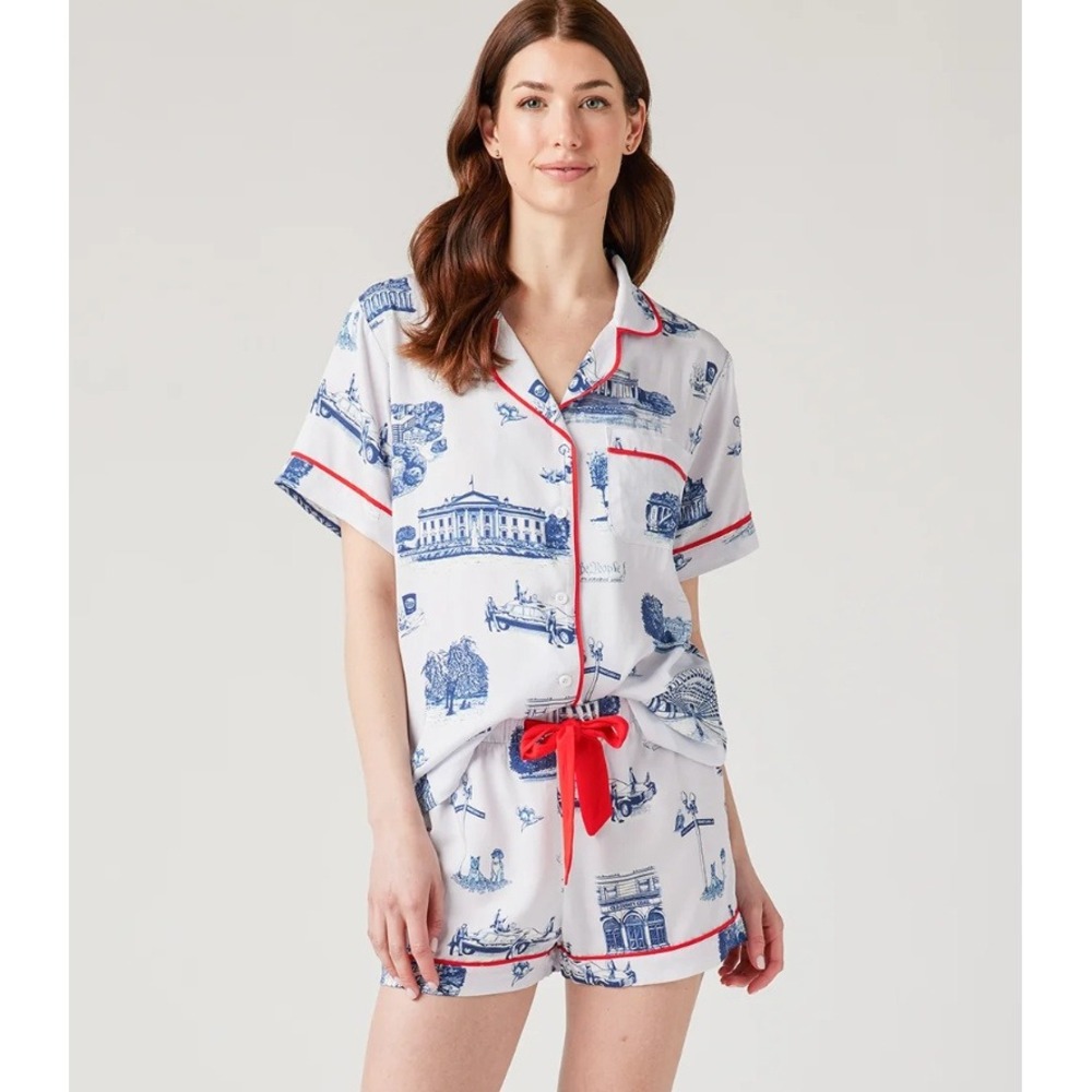 Katie Kime Pajamas Set Washington DC Toile Short Sleeve Shorts S/XS Americana